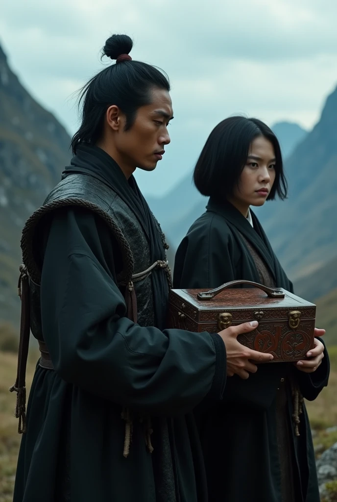 A man with short black hair, Cao Cao, dark skin and extremely handsome, a hard and sad expression on his face, He wears black, old clothes, he is with a woman with short black hair and old black clothes, she holds a small wooden box. Western Trails.