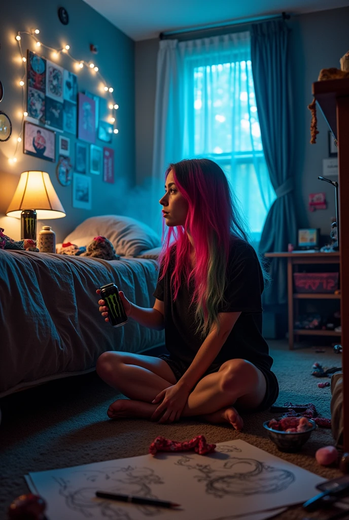 Horny troubled egirl with colorful hair streak drinking a can of monster energy drink in a messy room at night