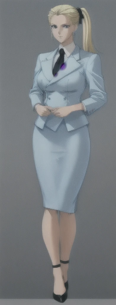 90s anime Skinny Blonde  skinned business woman in a light blue double breasted skirt suit , light blue skirt , and black tie full body