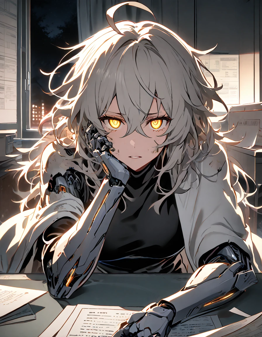 mature, Golden eyes, looking at viewer, female, hospital room background, messy hair, grey shoulder-length hair, ponytail, parted lips, hair between eyes, ahoge, background in low light, dark, night, emotionless, robot, white cloak, black shirt, robotic left eye, sitting down, desk, papers, glowing eyes, hand on face, damaged arms, damaged eye, no emotion, half-robot