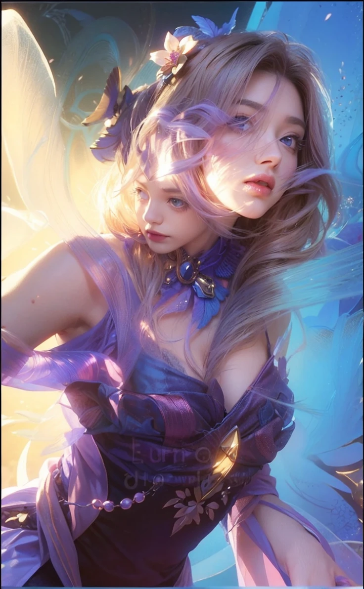Woman with purple long hair, woman with beautiful face, woman with beautiful blue round eyes, woman with blue feather wing on her right hand, beautiful woman with pink lipstick, morning background, woman with beautiful pink flower on her blonde short hair, woman using pink skirt, woman with gold Root accessories on her body, woman on green leaf background, woman with golden accessories on her head, woman using blue dress and pink white gradient color, pink flower on her Purplehair, purple dress, i SAID purple DRESSSSS