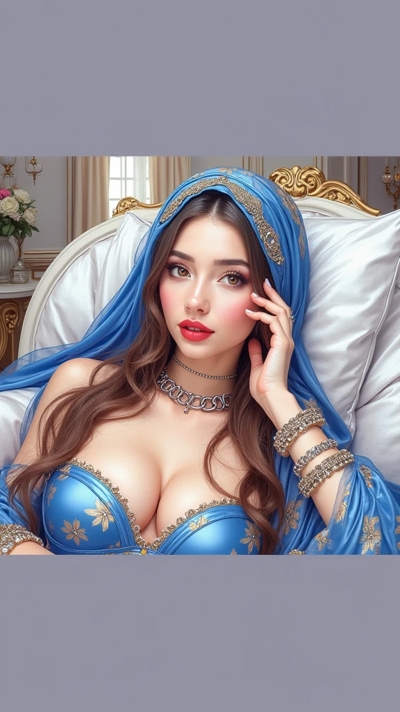 ((no_Pantise:1.5)) (((Full naked and nude Beautiful woman))) (group photo of prostitutes:1.5) (((red lipstick))) (beautifull lady with gigantic breast), wear detail luxury blue hijab, lying on luxury chair, (hand under luxury pillow), (luxury blanket), (window with luxury frame), (luxury flower vase), (luxury small table and glass of wine), (luxury lamp), (luxury parfume bottle), (luxury ornament on the wall), (blue strapless bra), (luxury kimono), (detail luxury garter belt), (luxury stocking), (luxury high heels), (luxury crown), (show cleaveage), (show underboobs) , (show sideboobs), (show thigh), (underboobs ornament), (luxury chest ornament), (luxury arm ornament), (luxury hips ornament), (gigantic breast:1,9), beautifull face, beautifull eyes, beautifull nose, sexy lips, raytracing, nsfw, beautifull fingers, beautifull hands, sexy belly, sexy body, sexy shoulders, sexy legs, sexy hips, (luxury bracelet), (luxury ring), (luxury necklace), white skin, (4 fingers in 1 hand), full body picture, pretty makeup, good lighting, realistic shadow, professional photography, blue and gold color scheme, 4k resolution, perfect anatomy, nsfw, nipples. (((red lipstick))) Craft an outstanding portrait that celebrates the beauty and individuality of a Malay girl in a hijab. Showcase her personality and story through creative composition and lighting. Use natural light or unique artificial lighting to add depth and character to the portrait. Pay attention to the details, perfect hijab style, colourful hijab style (((Malay prostitute, Malay gorgeous, Malay beauties))), ((Brown eyes)), hers vagina in Vaginal_chrome (chained choker_linked_rod:1.4), (((hairy covers the pubic area: 1.6))), (closeup the vagina), ((exposed naked uterus)), (Erotic:1.5), ((sharp focus)), (looking at viewer)