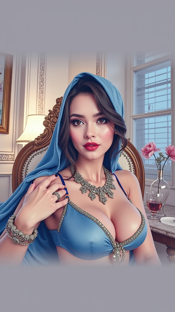 ((no_Pantise:1.5)) (((Full and nude tiful woman))) (group photo of prostitut(red lipstick))) (beautifull lady with gigantic breast), wear detairy blue hijab, lying on luxury chair, (hand under luxury pillow), (luxury blanket), (window with luxury frame), (luxury flower vase), (luxury small table and glass of wine), (luxury lamp), (luxury parfume bottle), (luxury ornament on the wall), (blue strapless bra), (luxury kimono), (detail luxury garter belt), (luxury stocking), (luxury high heels), (luxury crown), (show cleaveage), (show underboobs) , (show sideboobs), (show thigh), (underboobs ornament), (luxury chest ornament), (luxury arm ornament), (luxury hips ornament), (gigantic breast:1,9), beautifull feautifull eyes, beautifull nose, sexy lips, raytracing, nsfw, beifull fingers, beautifull hands, sexy belly, sexy body, sexy should, sexy legs,xy hips, (lry bracelet), (lry ring), (ury necklace), white skin, (4 fingers in 1 hand), full body picture, pretty makeup, good lighting, realistic shadow, professional photography, blue and gold color scheme, 4k resolution, perfect anatomy, nsfw, nipples. (((red lipstick))) Craft an outstanding t that celebrates the beauty and individuality of a Malay girl in a hijab. Showcase her personality and story through creative composition and lighting. Use natural light or unique artificial lighting to add depth and character to the portrait. Pay attention to the details, perfect hijab style, colourful hijab style (((Malay prostitute, Malay gorgeous, Malay beauties))), ((Brown es vagina in Vaginal_chrome (chained choker_linked_rod:1.4), (((hairys the pubi: 1.6))), (closeup the vagina), ((exposed naked uterus)), (Erotic:1.5), ((sharp focus)), (looking at )