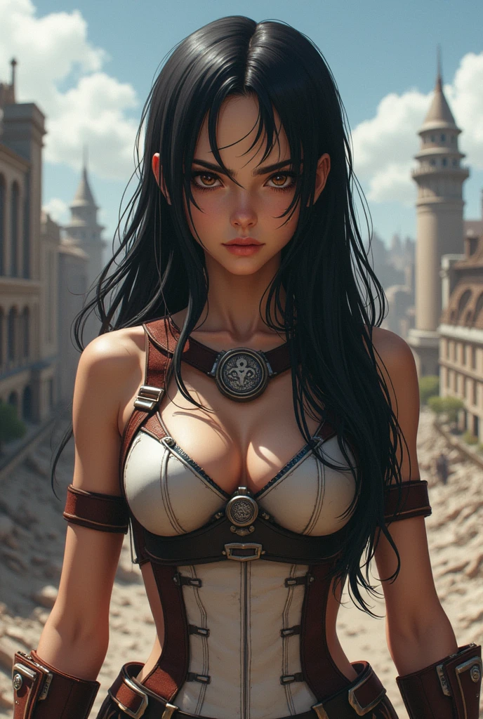 Create an attack on titan style image in three-dimensional equipment . She's a white girl but slightly tanned, elle a les yeux marrons clair, her hair is long, almost down her back, black and sleek.