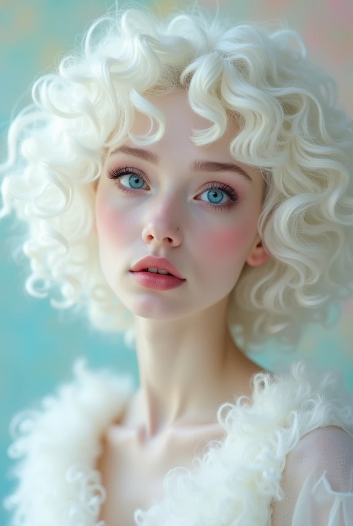 extremely curly white hair, white woman realistic picture with blue big eyes
