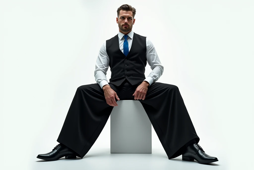 man wearing futurisitc black suit , oversize pants, crop top vest , white shirt , blue tie , sitting like boss , white background , model , photo shooting , cinematic