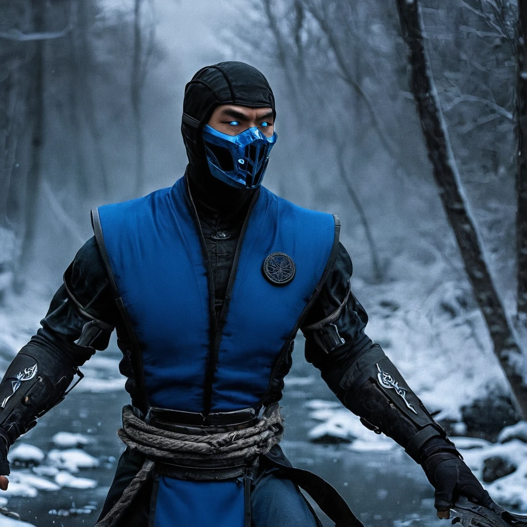 Horror-themed,  Sub-Zero
Mortal Kombat style, fictional universe consisting of numerous realms, Sub-Zero,Kuai Liang,Tundra,blue outfit,LK-520,a man in a blue outfit holding a knife,solo,blue eyes,1boy,weapon,male focus,outdoors,armor,tree,mask,glowing,helmet,nature,glowing eyes,snow,forest , Live-action, white sclera eyes, muscular, fitness, fighters, Action-adventure, brutal and gruesome, Mortal Kombat style, mk style, Eerie, unsettling, dark, spooky, suspenseful, grim, highly detaSub-Zero (Bi-Han), full body Sub-Zero (Kuai Liang), full body Sub-Zero, with his brother, (Noob Saibot), from Mk11, Sub-Zero Taking cold air in his hands and walking around the back on a completely frozen river in ultra-realistic cinematic Sub-Zero, MkX, with trajes azuis with small details in Azuis costumes, 8k, 2 professional photography, highly detailed, with, dramatic lighting, cinematic, hyperrealistic, portrayed costumes, detailed skin, 4k, epic, night, ultra hd, realis