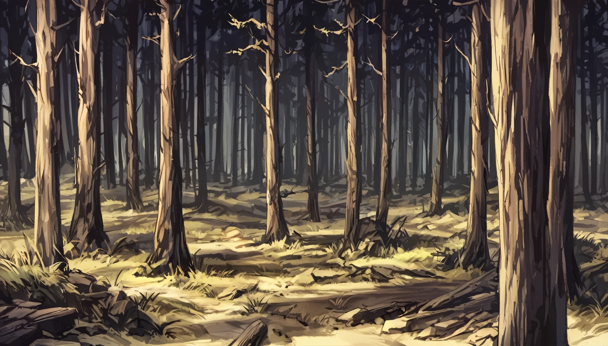 A dark pine forest at night, creepy atmosphere