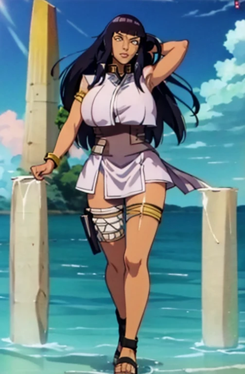 Osira , huge breast, tribal clothing, hime cut, darkskinned-female, walking, full body, flip flops