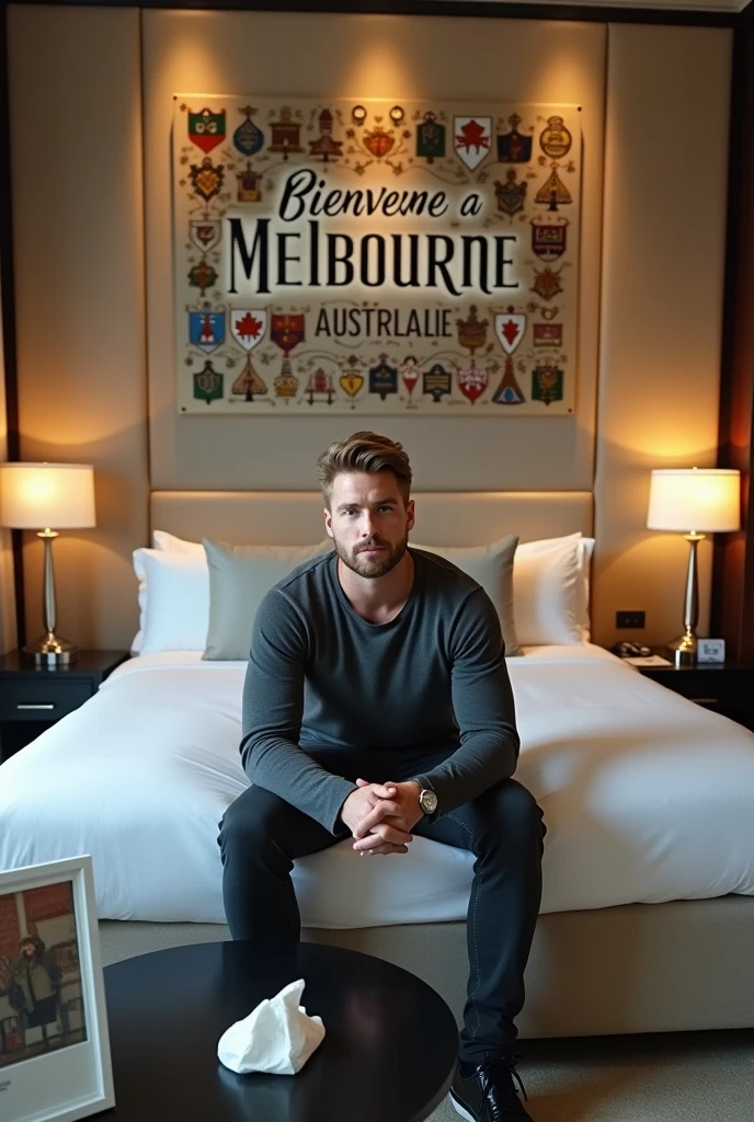 Homme caucasien grand de taille, charmant, un peu costaud, habillé en pantalon et tee-shirt manche longue, un homme dans une grande chambre d'hôtel, bien assis sur le lit ou sur le bord du lit le regard droit et fixé en avant en étant assis sur le lit dans une grande chambre d'hôtel et à côté du lit ou devant le lit il faut qu'il y ait UNE TABLE et sur la table à côté du lit ou devant le lit il faut qu'il y ait un papier mouchoir déjà utilisé sur la table et sur le lit de l'hôtel qu'il soit déposer un cadre photo grand ou un peu grand qu'il est possible de faire arrêter sur le lit et faire face à la caméra et sur le mur du chevet du lit un tableau sur lequel il est écrit en français : Bienvenue à Melbourne AUSTRALIE et autour de la phrase qu'il y ait les emblèmes du Canada Québec ou le drapeau du Canada Québec