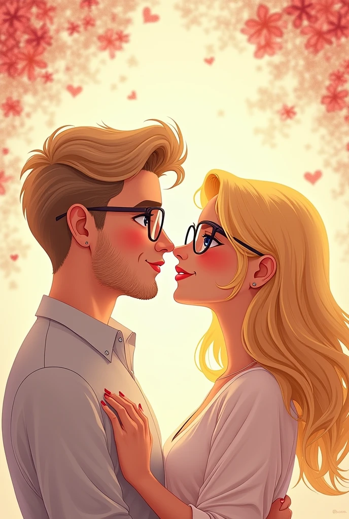 book cover for a couple's book for an anniversary
She has blonde hair, glasses and blue eyes.
He has dark blonde hair, glasses and blue eyes.
No inscription