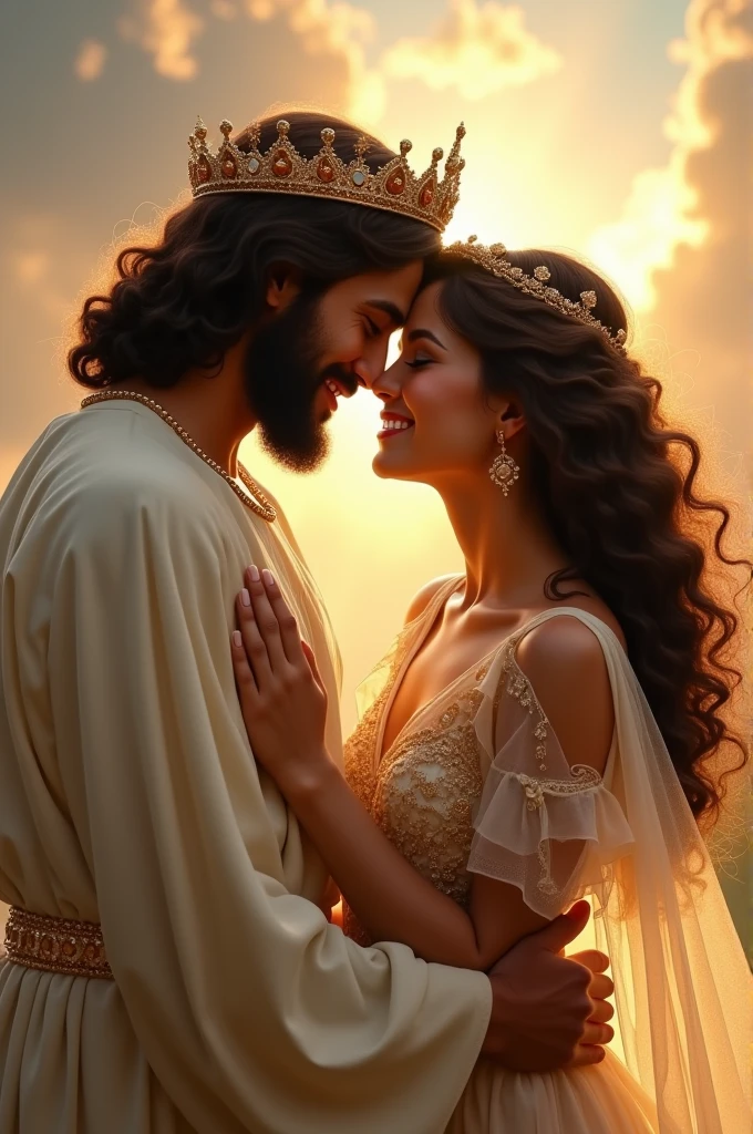 Jesus embraced with me, I have brown skin, not so dark, curly hair, black and a little brown, brown dark eyes, and a beautiful smile, without crooked teeth, a beautiful dress, in the princess style, dainty, My hair is long, my nose isn't too thin or too big, I would like it to be a moment of encounter with Him, put a crown on Jesus and improve my dress