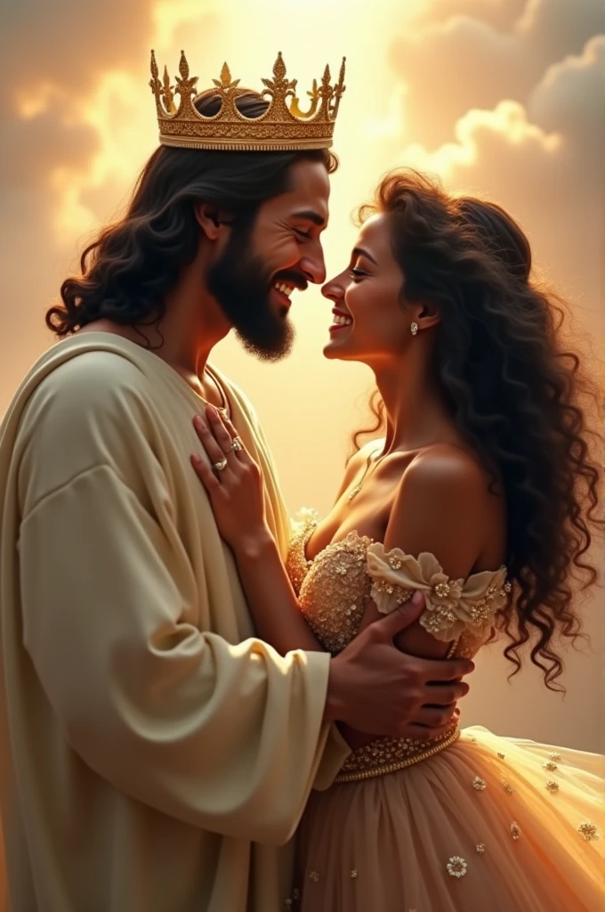 Jesus embraced with me, I have brown skin, not so dark, curly hair, black and a little brown, brown dark eyes, and a beautiful smile, without crooked teeth, a beautiful dress, in the princess style, dainty, My hair is long, my nose isn't too thin or too big, I would like it to be a moment of encounter with Him, put a crown on Jesus and improve my dress
