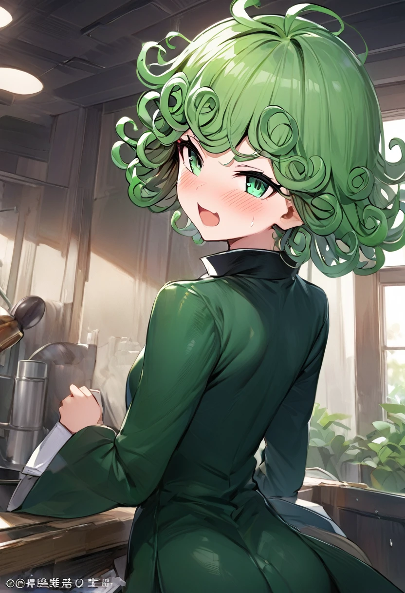 Masterpiece artwork, best qualityer, 1 girl, solamete, breastsout, gazing_phi_viewer, blush, half_without the, lemma_cos,  canons_up to the top,a, hair green, cos inteiro, laughing so hard I'm crying (tatsumaki: 1.7)