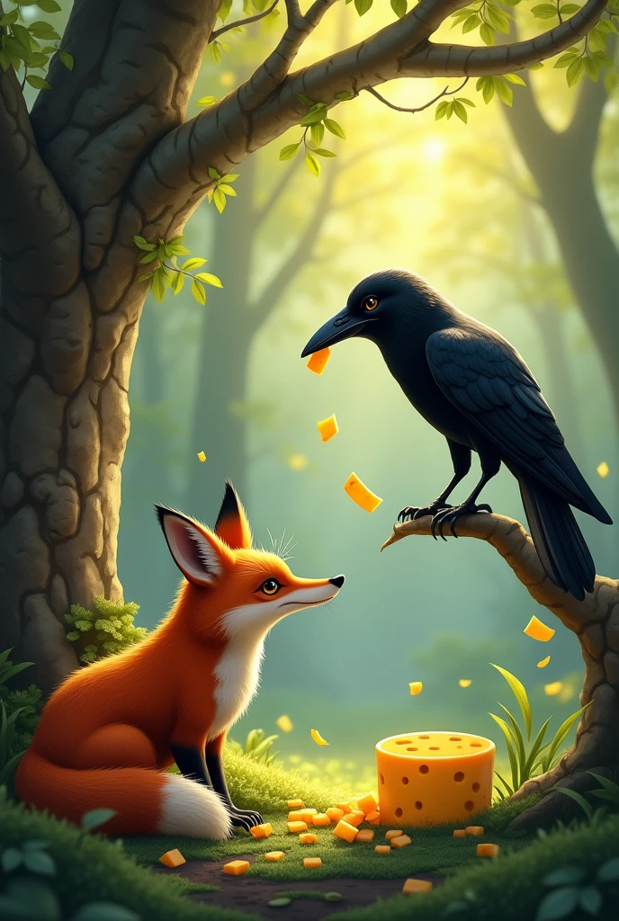 The crow was whistling in the tree and the cheese fell from its beak. The fox was watching.