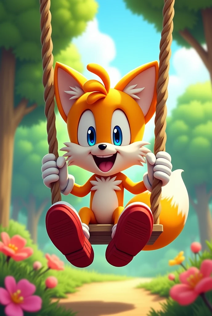 Tails Prower, Miles Prower, solo, looking at viewer, smile, 1boy, sitting on a swing full body, 2d animation with his shoes and gloves on 