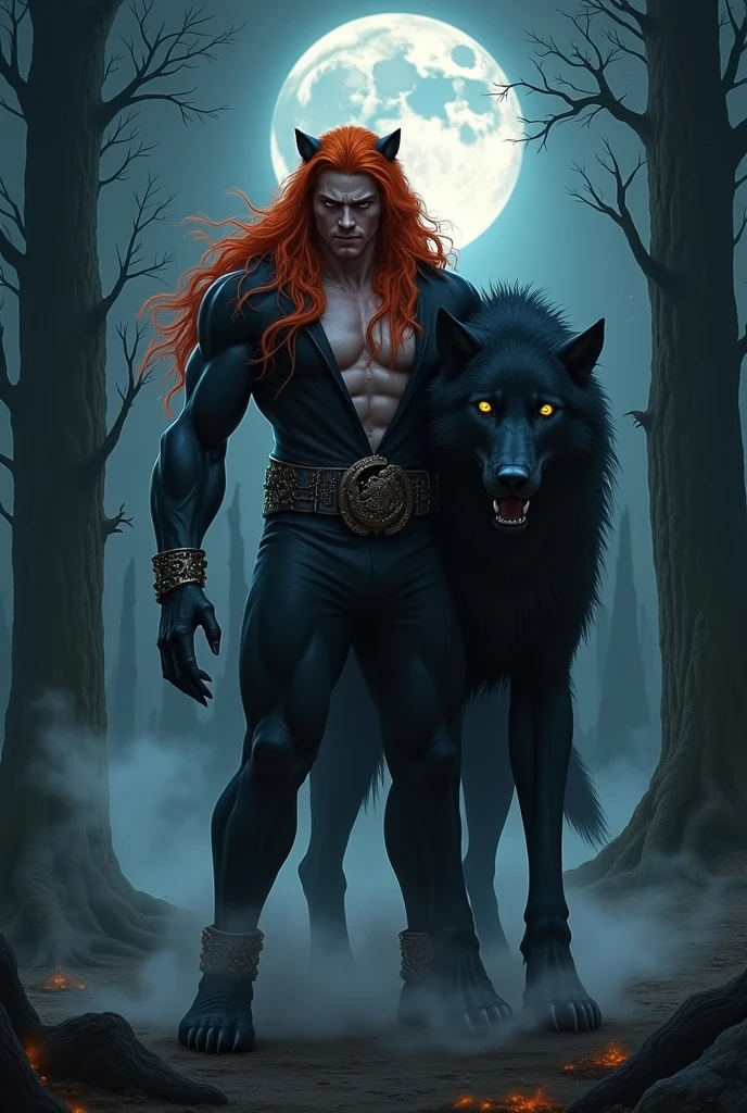 A red-haired man with a black humanoid werewolf at his side