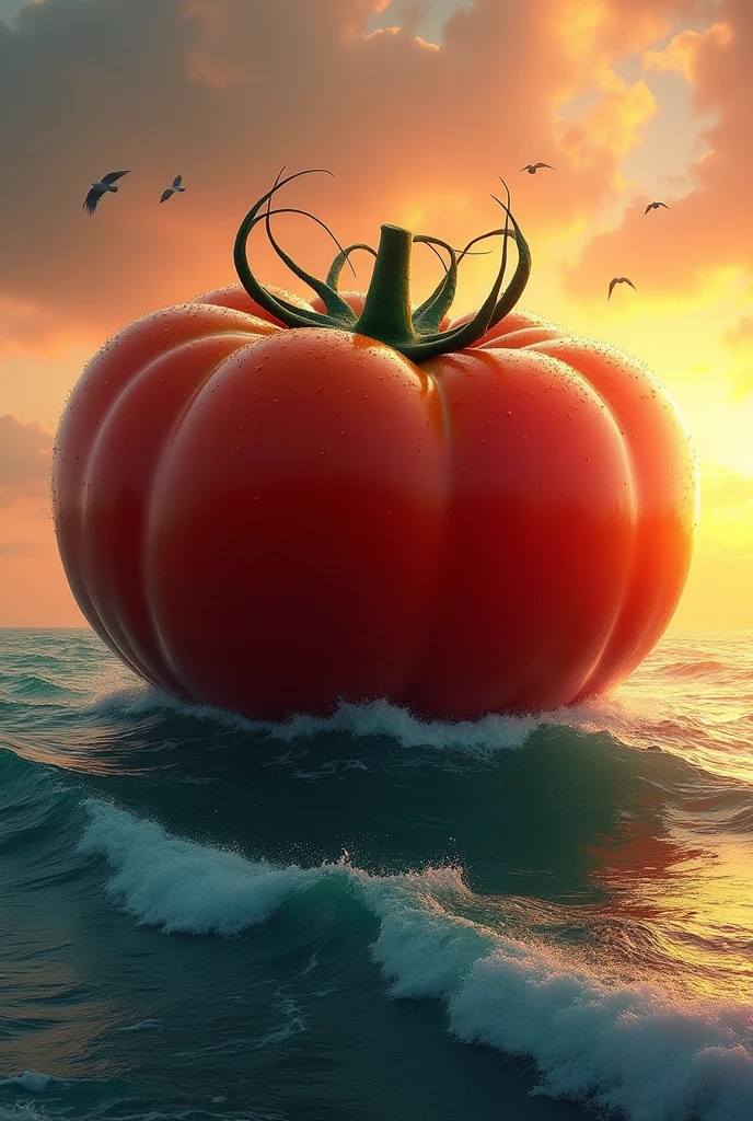 A huge tense red tomato above sea