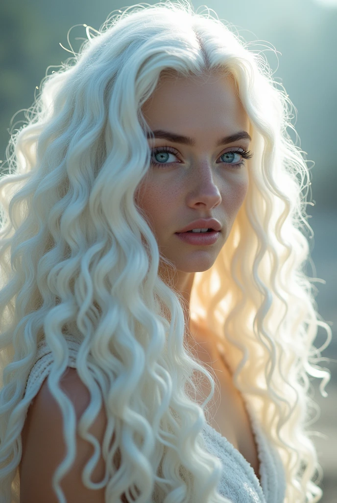 extremely curly white very long hair, white woman realistic picture with blue big eyes