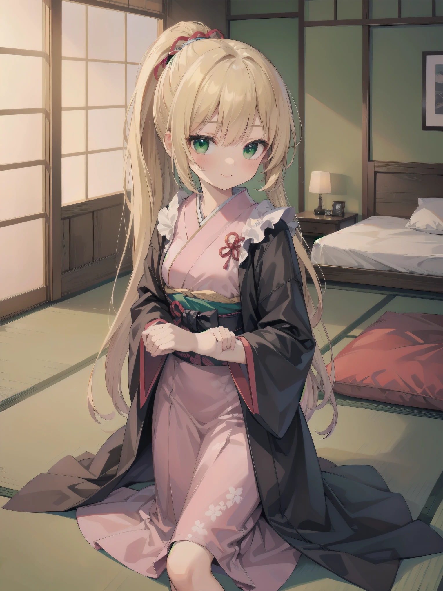 (Masterpiece: 1.3), (Best Quality: 1.2), close-up of one beautiful girl, super hyper-detailed illustration,
BREAK
(Body type: slender, small breasts, naturally charismatic)
BREAK
(Face: outstanding looks, mature beauty, emerald green eyes)
BREAK
(Hairstyle: ponytail, long smooth hair with a side part, ends around her chest, layers around her face, bangs long enough to slightly cover the eyes, blonde hair)
BREAK
(Fashion: vintage long-sleeved bodycon dress with subtle floral patterns, knee-length, less revealing)
BREAK
(Pose: bending forward slightly, arms crossed behind her back, warm and inviting smile, silky hair)
BREAK
(Background: cozy room with wooden accents and soft green tones, traditional Japanese 7 tatami mat room with a natural interior, including a cosmetic table, bed, futon, cushion, chair, decorative accessories, and curtains)