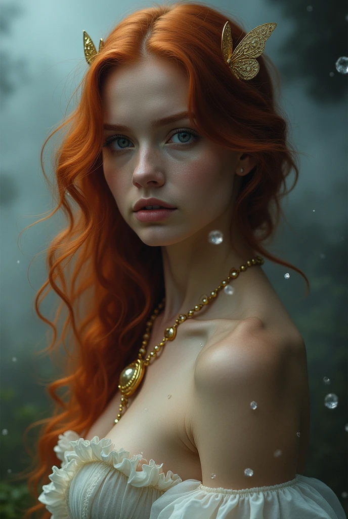 (Alone, Full body photo:1.3), (action packed:1.3), (Hoar, fog, fog:1.3), chiaroscuro, Best Quality, photorealistic, 1 woman, (Beautiful), (24 years:1.2), redhead, Cabello largo redhead muy detallado, 1700s DECADE, digital photography, art by artgerm and ruan jia and greg rutkowski surreal painting golden butterfly filigree, broken glass, (masterpiece, side lighting, finely detailed fashionable eyes: 1.2) (large eyes, oval and perfect looking at the viewer.), beautiful detailed face, beautiful perfect blue eyes, unclothed(blonde hair ponytail), (attractive young woman:1.3), (incredibly thick hair), (seductive:1.1), (blush:1.1)