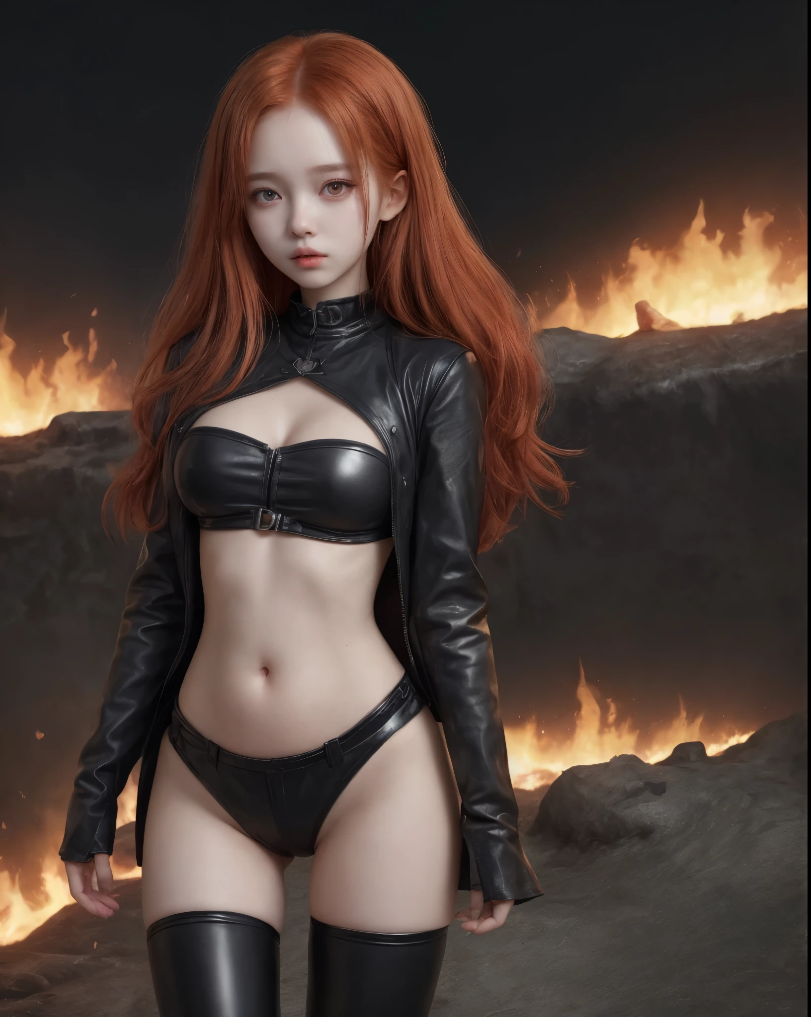 young girl, kim chaewon as a sexy young girl, full body view, fullbody, full body, kim chaewon is a girl, 1girl, fantasy gothic city background, kim chaewon, girl, small breast, figure, long red hair, red eyes, face front, tight fantasy outfit, belly exposed, legs exposed, leather shorts, emotional face, make up, masterpiece, best quality, female sorcerer, fire power, fire around her, create fire from hands