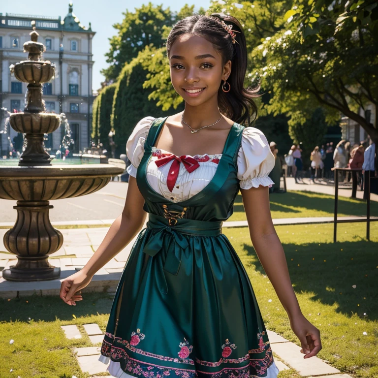 (​masterpiece, best quality:1.5), highest quality, High resolution, super detailed, Realists, Upper body photo of a 16-year-old Black girl, black skin, detailed and beautiful eyes, beautiful detailed lips, very detailed eyes and face, longeyelashes, A 16-year-old girl in a beautiful short shiny satin Dirndl, Details in the dress fabric, Beautiful and colorful makeup, elegant and noble々Pose, Beautiful bows in the hair, Ponytail hairstyle with a bow, Munich as a backdrop, bright daylight, bright colors, fine brushstrokes, Portrait style, beautiful color palette, glowing skin, First-class rendering, that captures every detail, enchanting atmosphere, (perfect anatomy:1.2), (The stunning girl wears a beautiful short dirndl with ribbons. smiling in love and full of joy for the festival, nice legs. She stands next to the fountain and proudly presents herself. The girl stands and dances with joy   (magnificent panorama view:1.2)