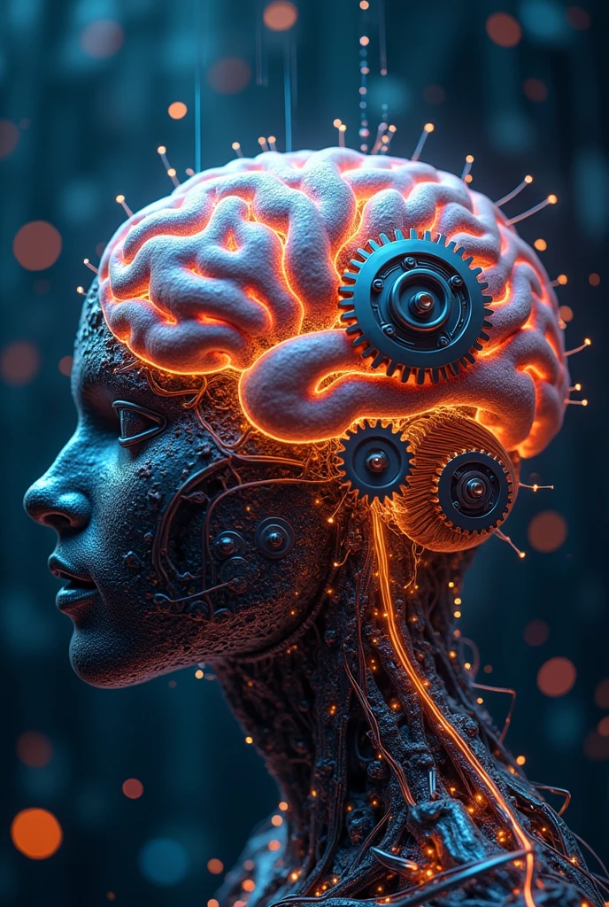 Mechanical Synapse**: A human brain with synapses connecting to metal gears, showcasing the fusion of neuroscience and mechanics, where thought becomes a process of precision and engineering