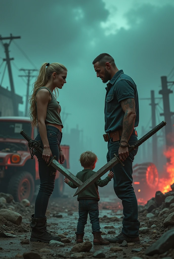 "A blonde woman and a blonde man are in a post-apocalyptic world, holding
swords to protect their small child from a crazed car mechanic. The mechanic, with a wild grin, is brandishing a car jack and looks ready to attack them. The scene is dark and gritty, rendered in a realistic style with strong cyberpunk elements. The atmosphere is tense, with an emphasis on survival and danger in this dystopian setting."