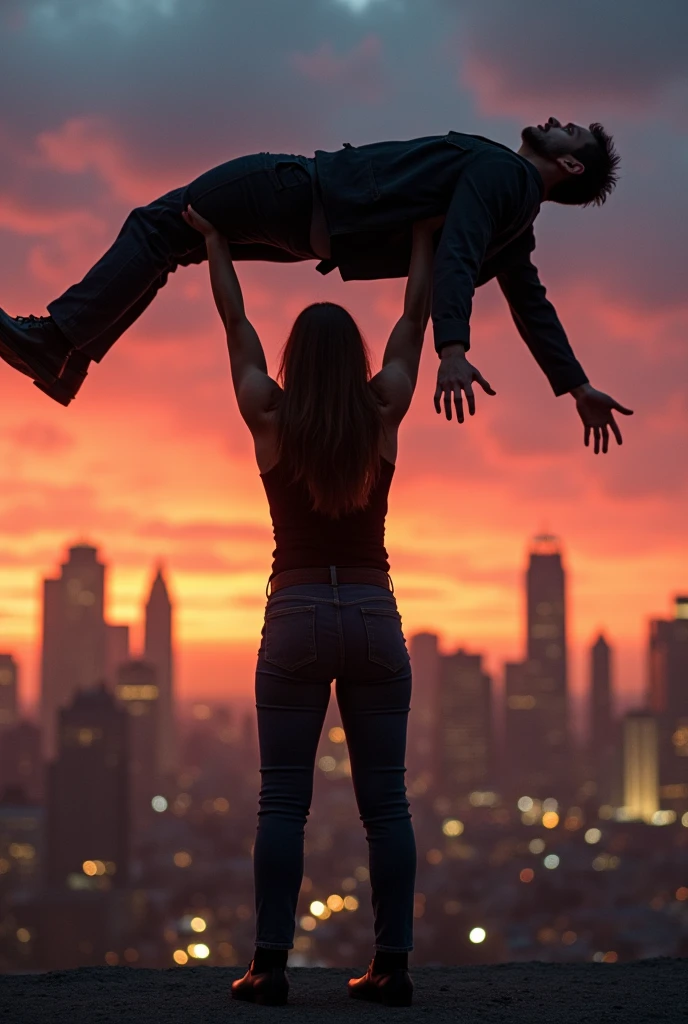 Kristin Kreuk as Lana Lang lifting a large man high above her head with her strong muscular arms. Photorealistic. Wide angle. City skyline in the background.