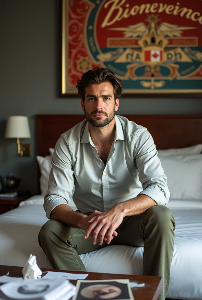Homme caucasien grand de taille, charmant, un peu costaud, habillé en pantalon et tee-shirt manche longue, un homme dans une grande chambre d'hôtel, bien assis sur le lit ou sur le bord du lit le regard droit et fixé en avant en étant assis sur le lit dans une grande chambre d'hôtel et à côté du lit ou devant le lit il faut qu'il y ait UNE TABLE et sur la table à côté du lit ou devant le lit il faut qu'il y ait un papier mouchoir déjà utilisé sur la table et sur le lit de l'hôtel qu'il soit déposer un cadre photo grand ou un peu grand qu'il est possible de faire arrêter sur le lit et faire face à la caméra et sur le mur du chevet du lit un tableau sur lequel il est écrit en français : Bienvenue à Melbourne AUSTRALIE et autour de la phrase qu'il y ait les emblèmes du Canada Québec ou le drapeau du Canada Québec