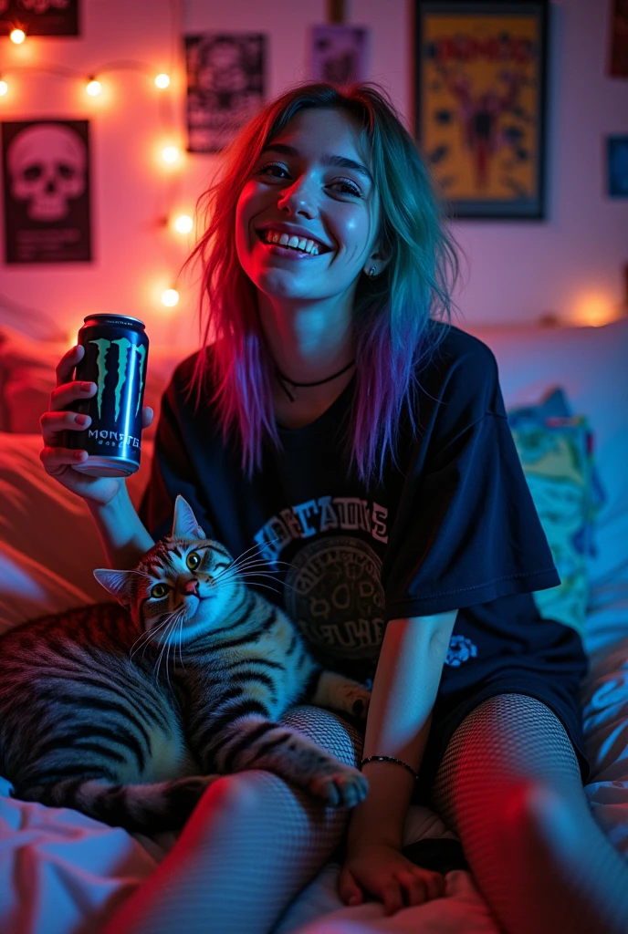 Horny troubled  egirl with colorful hair streak drinking a can of monster energy drink And caressing the pussy in a messy room at night