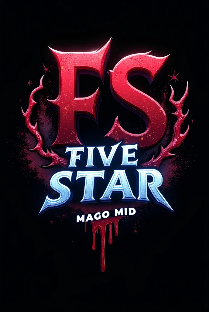 Create a guild logo with the initials FS with text underneath Five Star with dark and bloody colors and a cool name Mago Mid with bright futuristic letters and an image related to the text