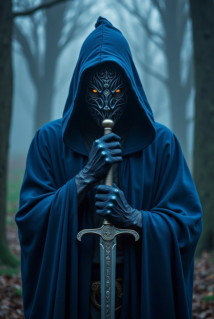 wizard with rapier on the mask on one half of face
