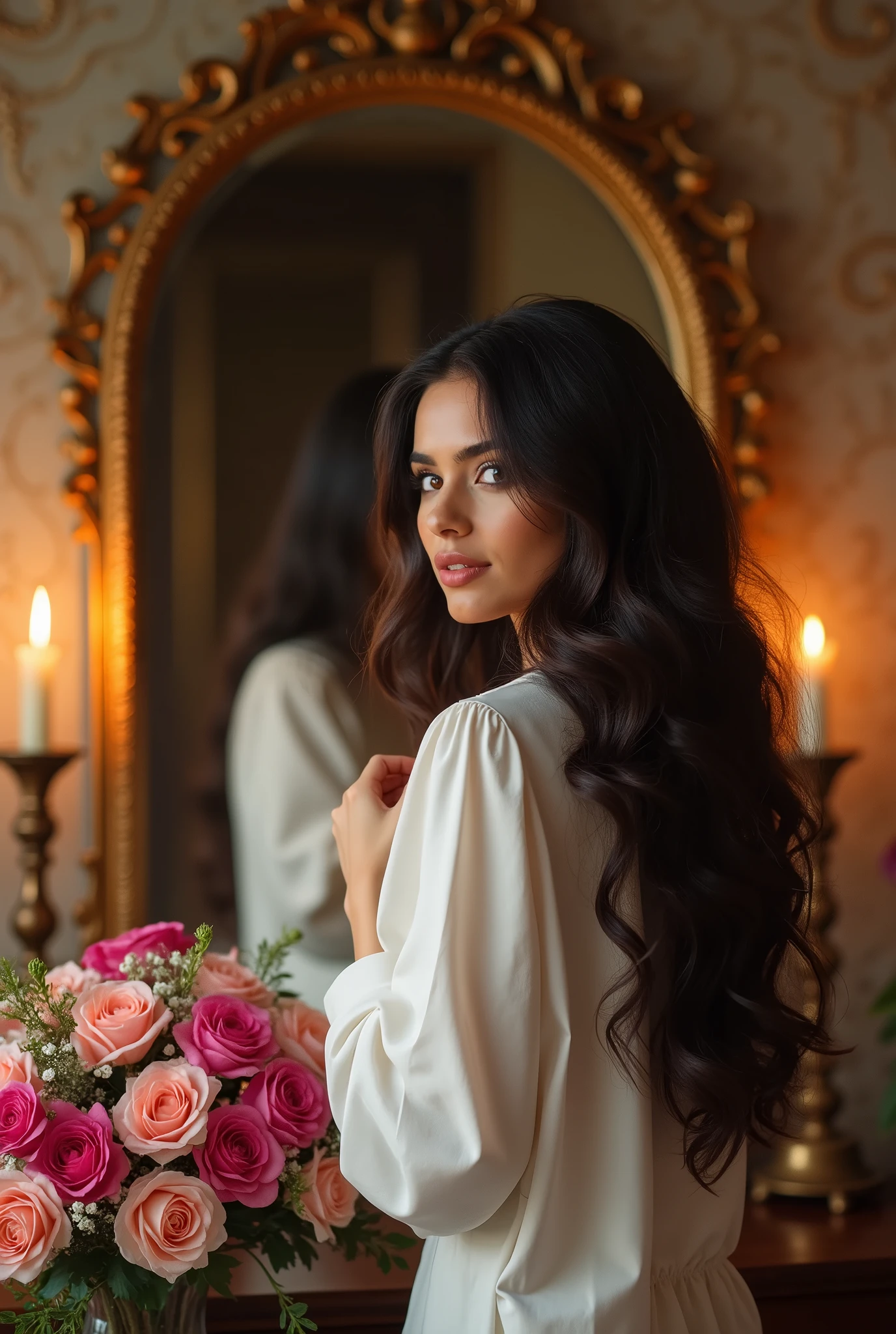 (Image réaliste : 1.2), une belle femme arabe, T, vêtue d'une chemise blanche et se coiffant devant la miroir , il y a un bouquet de fleurs sur la table et de merveilleuses bougies sont allumées.