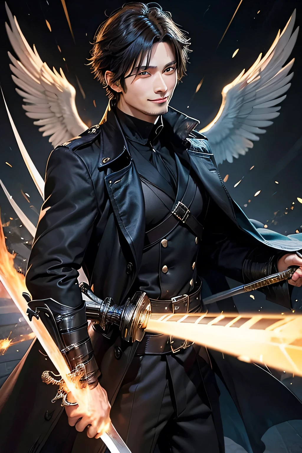 30-year-old man with a sword wearing a black trench coat 1.Size 80 and with few muscles ,with the Gemini sign behind him and an angel laughing behind him anime style