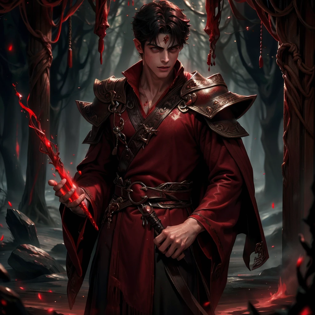 a muscular handsome young wizard, matthew daddario, extremely detailed face, looking at the viewer majestically, blood red robe, a wood wand with a blood crystal, sexy look, wizard hat, smooth skin, standing on a blood lake, doing blood magic, 