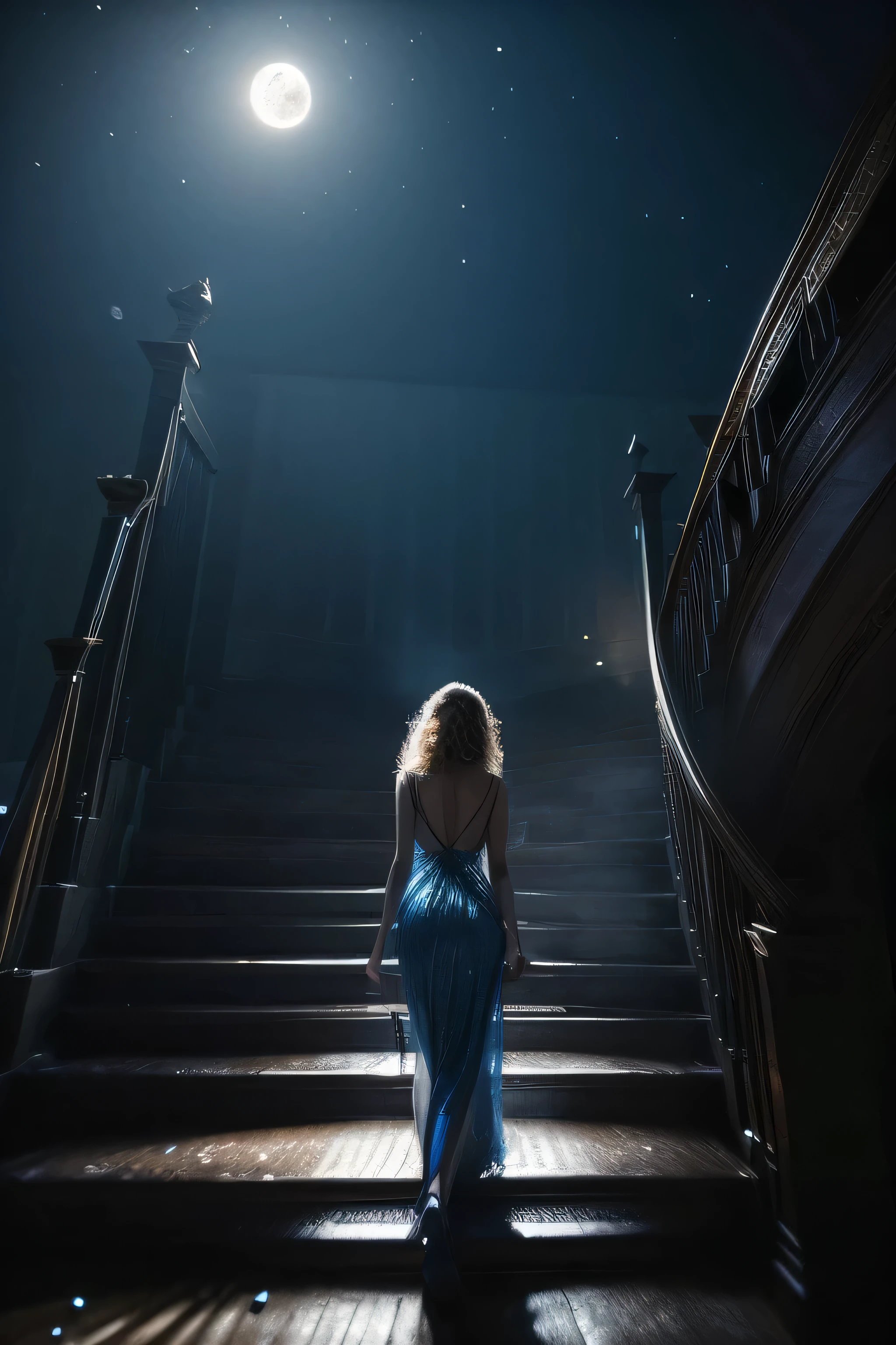 A first-person view. From a distance, a blonde girl with slightly curly hair falling to her waist walks away, ascending a glass staircase that shatters with each step. The shards fall, sparkling like a shower of shimmering glass. She wears a dazzling blue lunar-themed dress and is gazing at the enormous, bright blue full moon that shines intensely above her, illuminating the scene with an ethereal, magical glow. SHE'S SKINNY and HAS NO CURVES. Schizoid girl, He is turned back, walking away, climbing the stairs towards the bright moon.! It's far away. her hair is long, and she is alone! The stairs are made of GLASS, and she's very uphigh. THE MOON  IS COLOSSAL AT THE SKY, VERY BIG