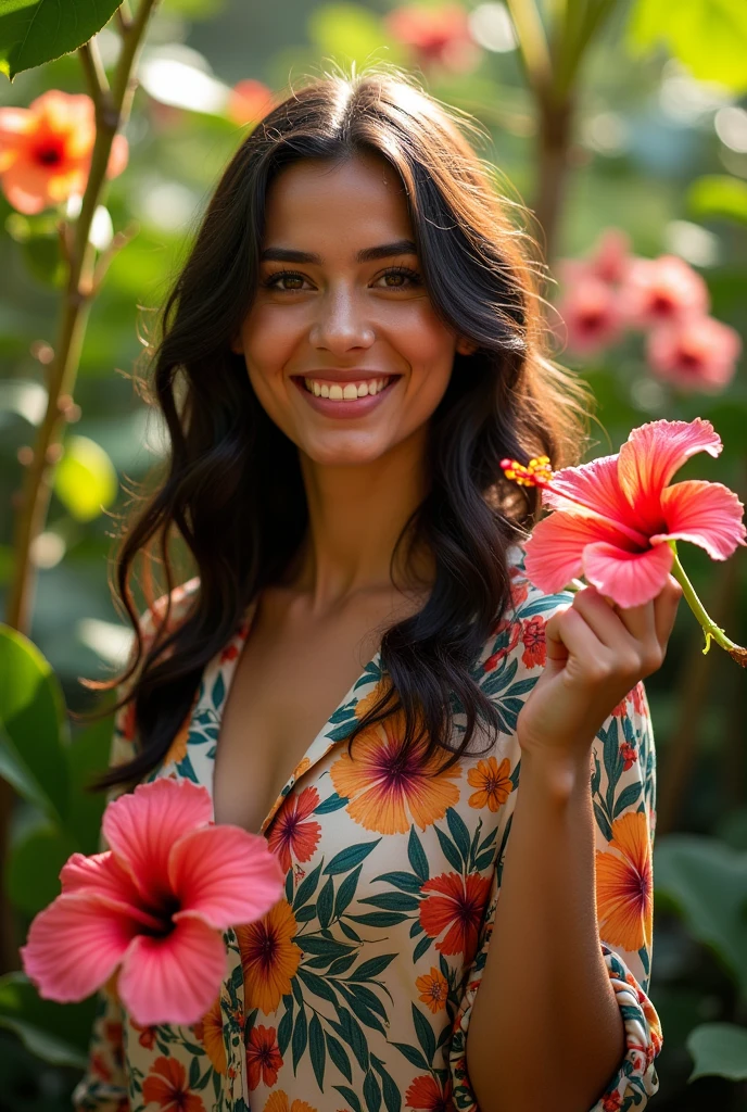 A Brazilian woman in a lush tropical garden, wearing an open shirt with a floral print, with a close-up capturing the harmonious beauty between her breasts and the natural flowers, showing off your natural charm and outgoing personality.
