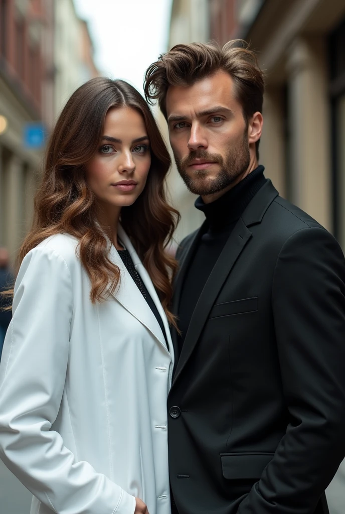 (Photorealism:1.2), Make a beautiful couple. A woman of 22 years old, brownhair claros, wearing a lab coat. A 25 year old man, brownhair, unshaven beard, wearing a flawless black suit, with a gun on his waist. looking straight ahead, like in a photo. I want them to be very young