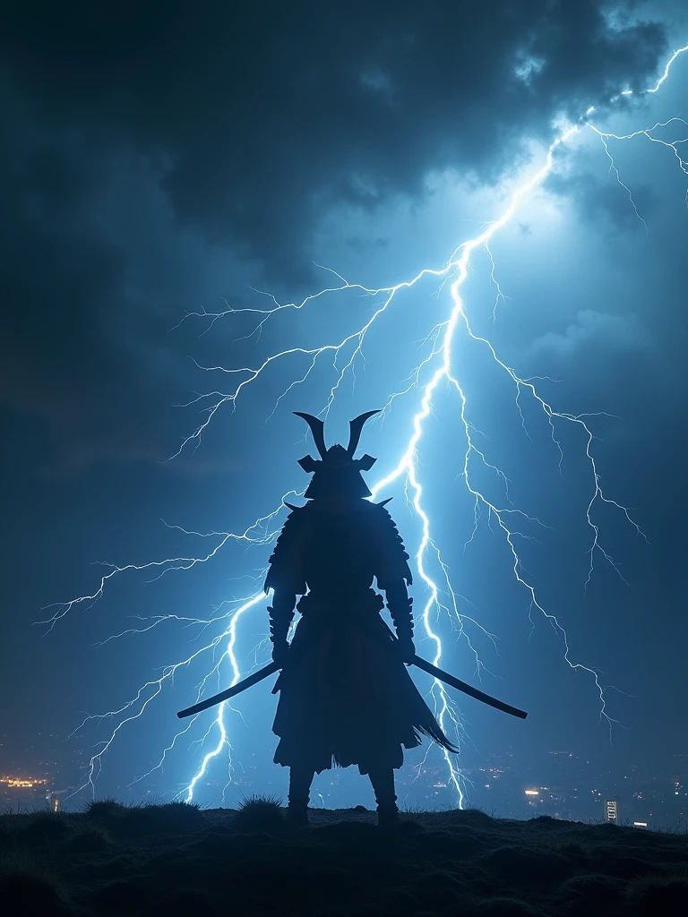 Une image hyperréaliste d'un éclair sortant d'un nuage orageux et d'un ciel orageux, formant la silhouette d'un samurai, l'eclair touche le sol. L'électricité forme le corps du samurai, avec des lignes brillantes et irrégulières créant ses contours et soulignant sa silhouette. Le décor est la ville de Tokyo la nuit, avec des nuages sombres et orageux presque apocalyptique au-dessus et derrière des éclairs illuminent la scène. Le samurai-éclair est entièrement formée et vivement détaillée, avec l'énergie et la lumière de l'éclair lui donnant une apparence éthérée et puissante. L'atmosphère est dramatique et intense. éclairage dynamique.