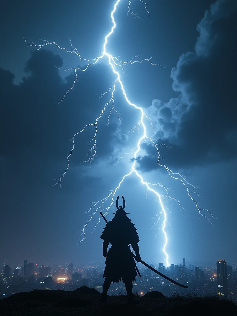 Une image hyperréaliste d'un éclair sortant d'un nuage orageux et d'un ciel orageux, formant la silhouette d'un samurai, l'eclair touche le sol. L'électricité forme le corps du samurai, avec des lignes brillantes et irrégulières créant ses contours et soulignant sa silhouette. Le décor est la ville de Tokyo la nuit, avec des nuages sombres et orageux presque apocalyptique au-dessus et derrière des éclairs illuminent la scène. Le samurai-éclair est entièrement formée et vivement détaillée, avec l'énergie et la lumière de l'éclair lui donnant une apparence éthérée et puissante. L'atmosphère est dramatique et intense. éclairage dynamique.