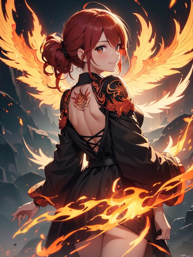 (((best quality, sharp image, clear image, cinematic lighting, 8k resolution, masterpiece, ultra detailed, intricate))) Girl casting magic, (((looking over left shoulder))), (shot from behind), ((shot from hip up)), fiery red hair, pigtails, ((intricate black dress)), ((flaming sigils, flaming runes)), spiky rock formations, (flaming lotus flowers frame), (intricate background), (chaotic background), ((Phoenix)), (swirling flames), smiling,tatoo on back