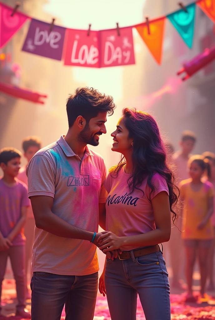 A 25 year old Indian cute couple playing Holi and celebrating the Indian festival Holi by throwing coloured powder (abir) at each other and water guns filled with colourful water. “Zain” is written on the boy’s T-shirt and “Madina” written on the girl’s t-shirt. Some children are also paying around in the background. “Love day” banner at the top, 3D art painting realistic photo with high resolution.