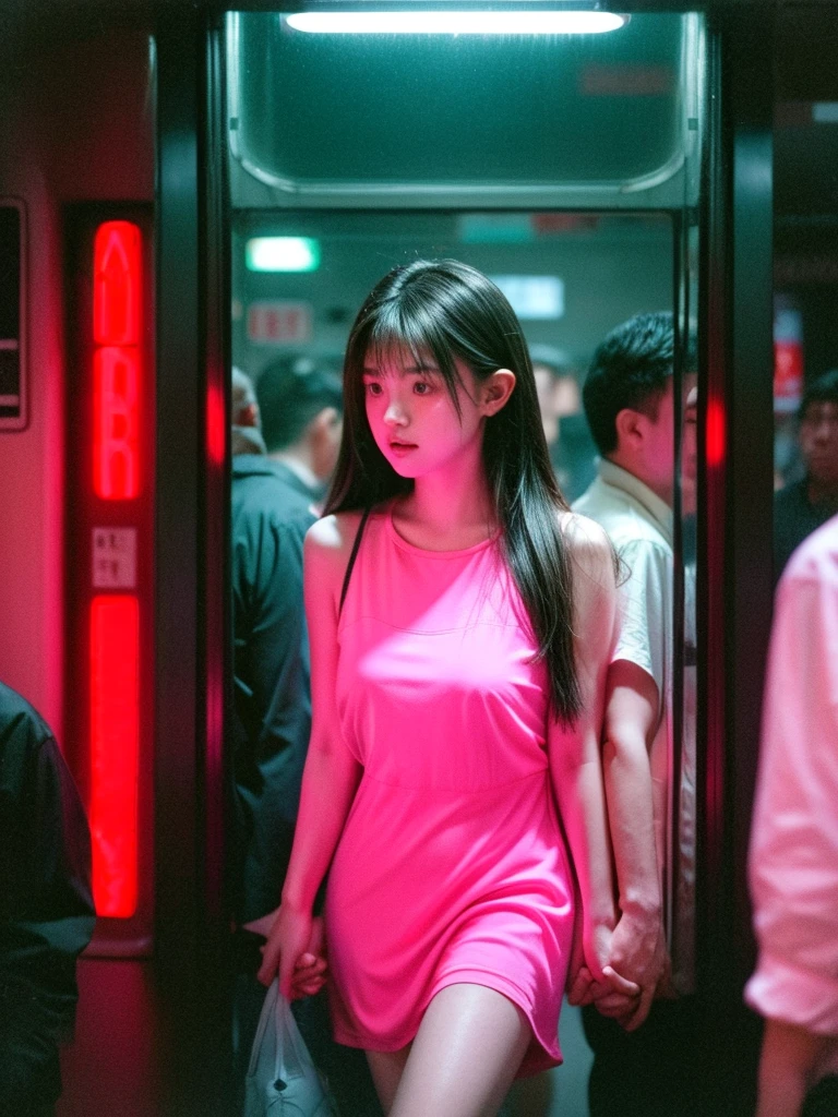 A candid shot on the subway station, (behind a glass shot:1.2), (best quality:1.5), japanese, (1man and 1girl), 25y a man in casual cloth with short black hair, 25y sweet and chubby girl in pink slipdress and sneakers, take a photo couple in a crowded subway station, a man carrying a girl thighs with his arms then giving sex kiss, she has messy mid long bang hair, (carrying posing:1.3), real couple, (having sex:1.3), 120 film looks, (neon light reflection in glass surface:1.3), (very close crowded:1.4), (motion blur:1.2), ambient lighting, night, detailed face and eyes, detailed nose and lips, very highly detailed, surreal view, (sharp focus:1.3), (perfect anatomy:1.3), shot by mamiya analog film, (aesthetic photography:1.3), (dynamic wide angle:1.3)