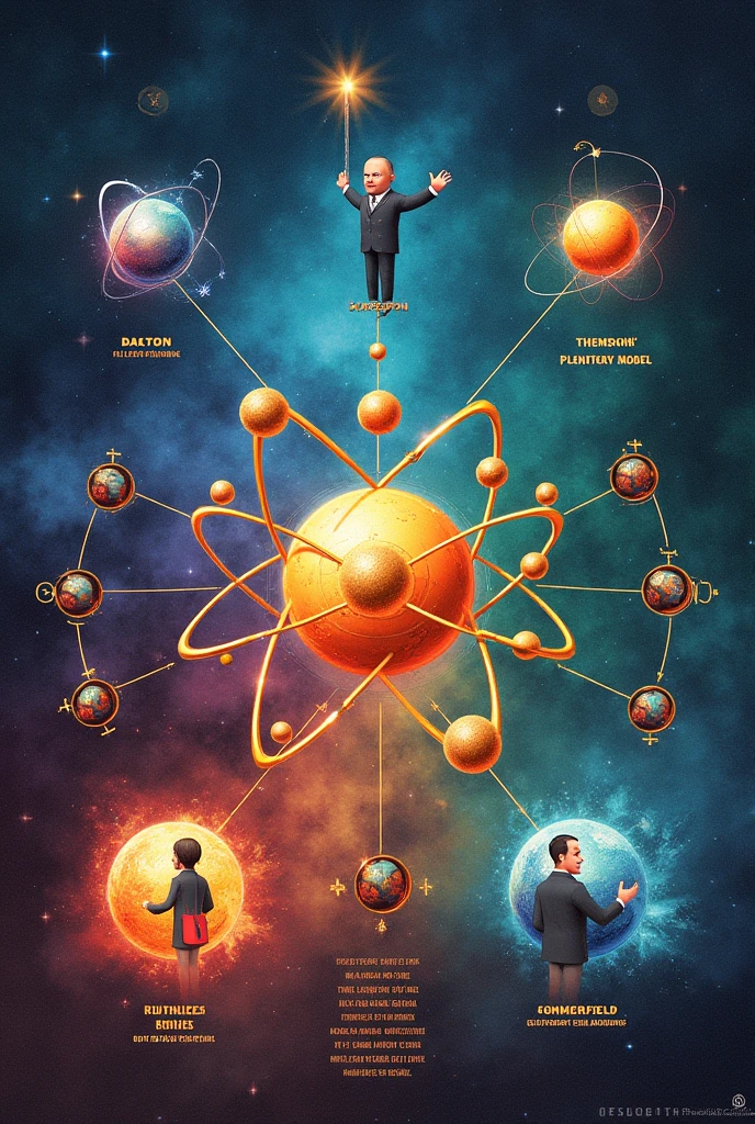 create an image with the atomic models of the title and images of the atomic models dalton, thompson, ruterford, bohr y sumerfeld