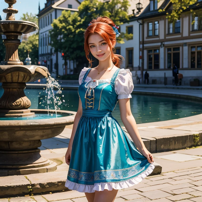 (masterpiece, best quality:1.5), highest quality, High resolution, super detailed, Realists, Upper body photo of a 16-year-old redhead girl, detailed and beautiful eyes, beautiful detailed lips, very detailed eyes and face, longeyelashes, A 16-year-old girl in a beautiful short shiny satin Dirndl, Details in the dress fabric, Beautiful and colorful makeup, elegant and noble々Pose, Beautiful bows in the hair, Ponytail hairstyle with a bow, Munich as a backdrop, bright daylight, bright colors, fine brushstrokes, Portrait style, beautiful color palette, glowing skin, First-class rendering, that captures every detail, enchanting atmosphere, (perfect anatomy:1.2), (The stunning girl wears a beautiful short blue dirndl with bows. smiling in love and full of joy for the festival, nice legs. She stands next to the fountain and proudly presents herself. The girl stands and dances with joy (magnificent panorama view:1.2)