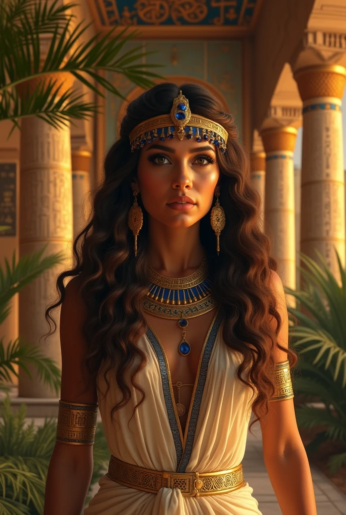 An ancient Egyptian Cleopatra with large brown wavy hair