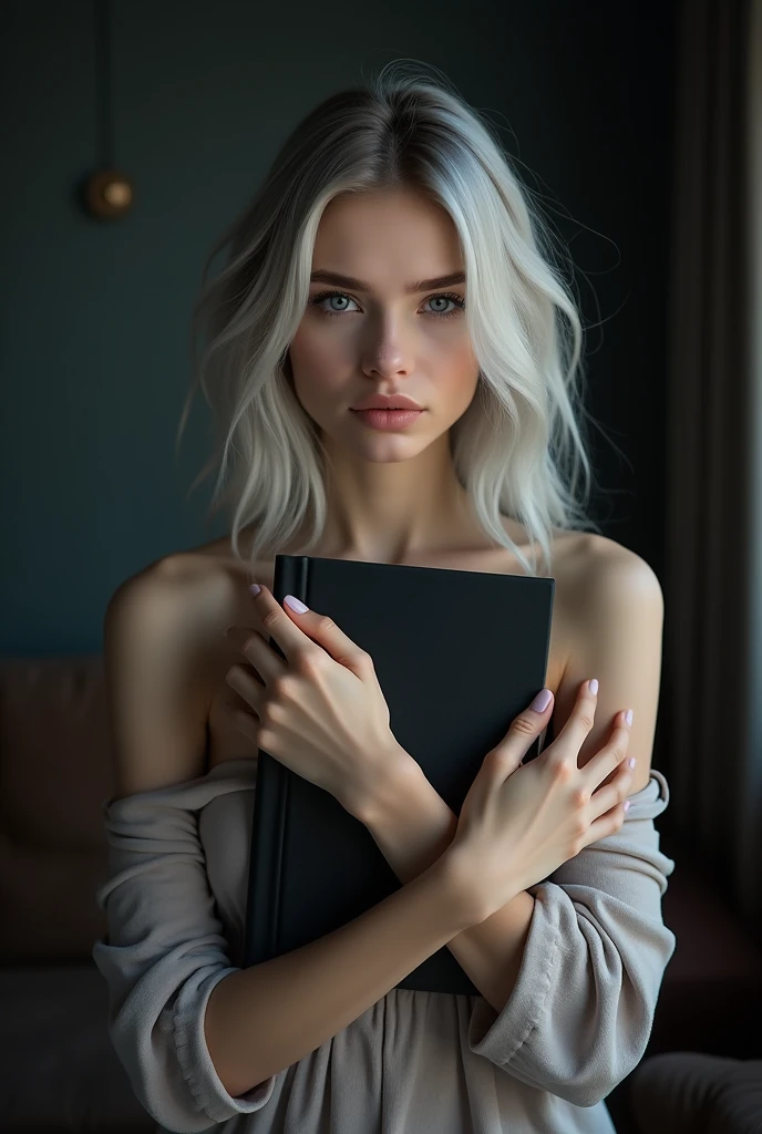 Beautiful Russian girl with white skin, light gray hair below the shoulders, soft, flowing facial features, girl model, Emma Andreevskaya, dasha taran, professional photo, 4K, a high resolution, high detail, aesthetically pleasing, Beautiful, realistic, standing straight, looks straight, holding a black book against a dark living room background, (highly detailed skin:1.2), 8k contract, SLR camera, very detailed face, artistic composition, photo,