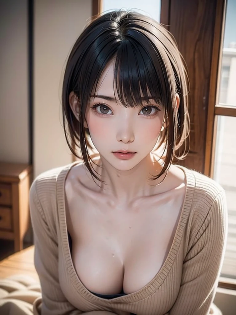 Realistic, Like the picture, Tabletop, Highest quality, RAW Photos, One Girl, alone, short hair, Brown Hair, Detailed face, Attractive face, Beige virgin sweater, breasts apart, Dynamic pose, from above, looking up at viewer, From below, Detailed Background, Fine details, Intricate details, Ray Tracing, Depth of written boundary, Low Key, Hmph, Japanese